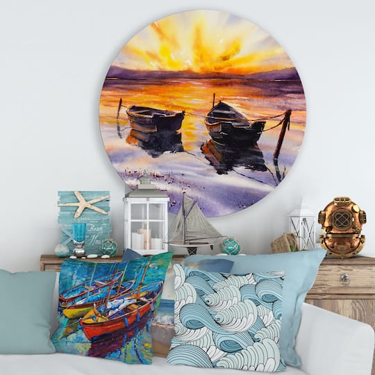 Designart - Sunset and Two Small Boats Parking On The Shore